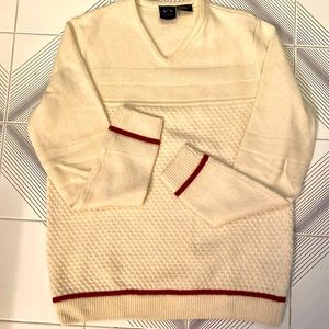 A/X men's wool/cotton sweater. Cream with maroon stripes. Beautiful detail